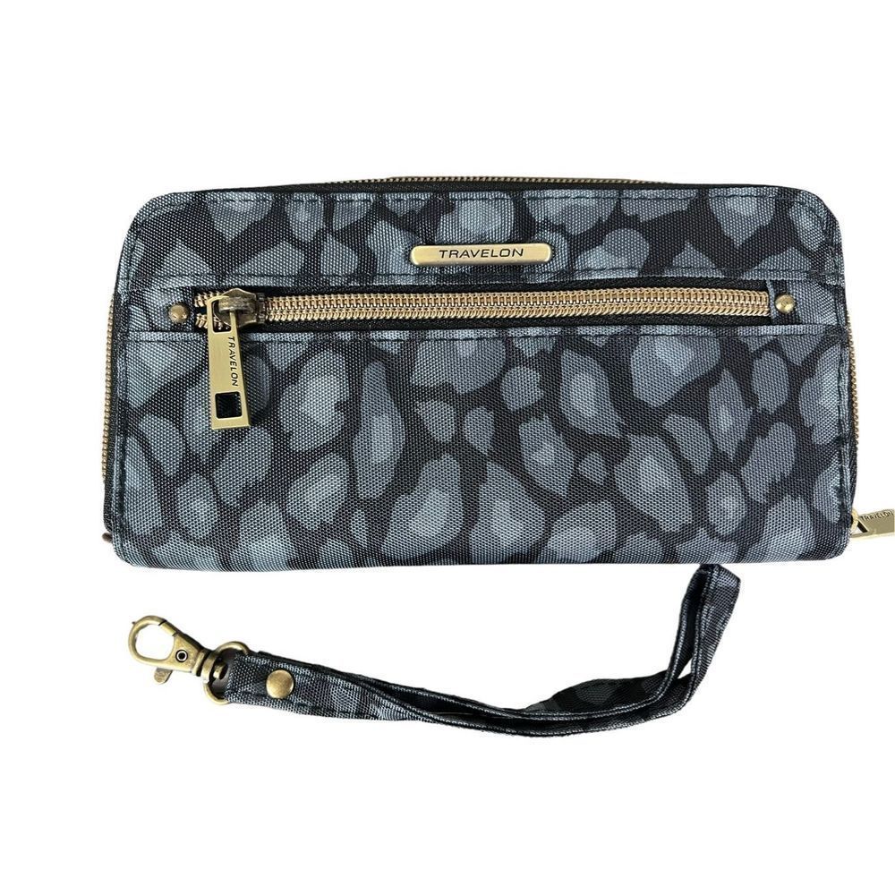 NWOT Travelon Black Gray Print RFID Zip Wallet
